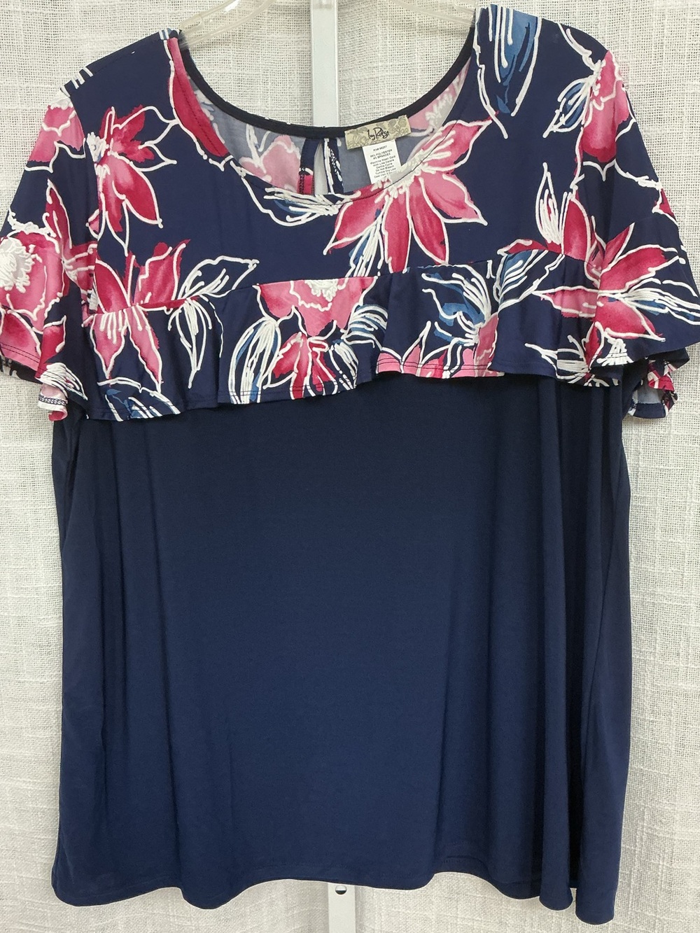 Ivy Ridge Navy Blouse with Pink Floral Ruffle